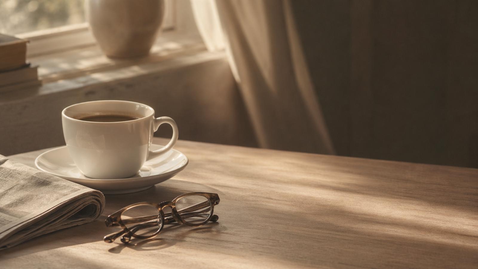 Tasse de café et journal plié près d'une fenêtre dans la lumière douce du matin