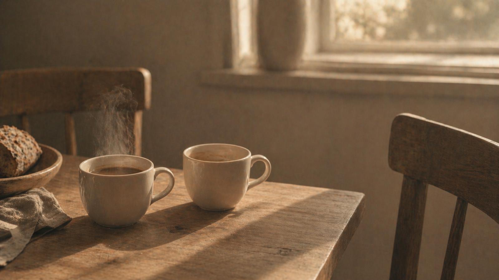 Deux tasses de café identiques en céramique crème posées côte à côte sur une table en bois, l'une fumante et l'autre à moitié vide, avec deux chaises de part et d'autre dans la lumière douce d'une fenêtre