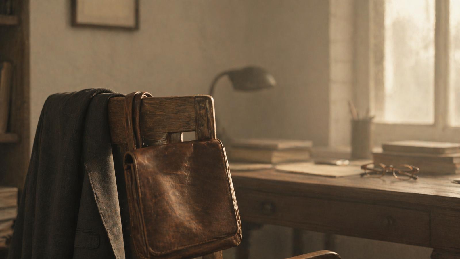 Une serviette en cuir marron patiné posée sur le dossier d'une chaise de bureau, avec une veste suspendue et des lunettes de lecture en arrière-plan, dans la lumière dorée d'une fenêtre
