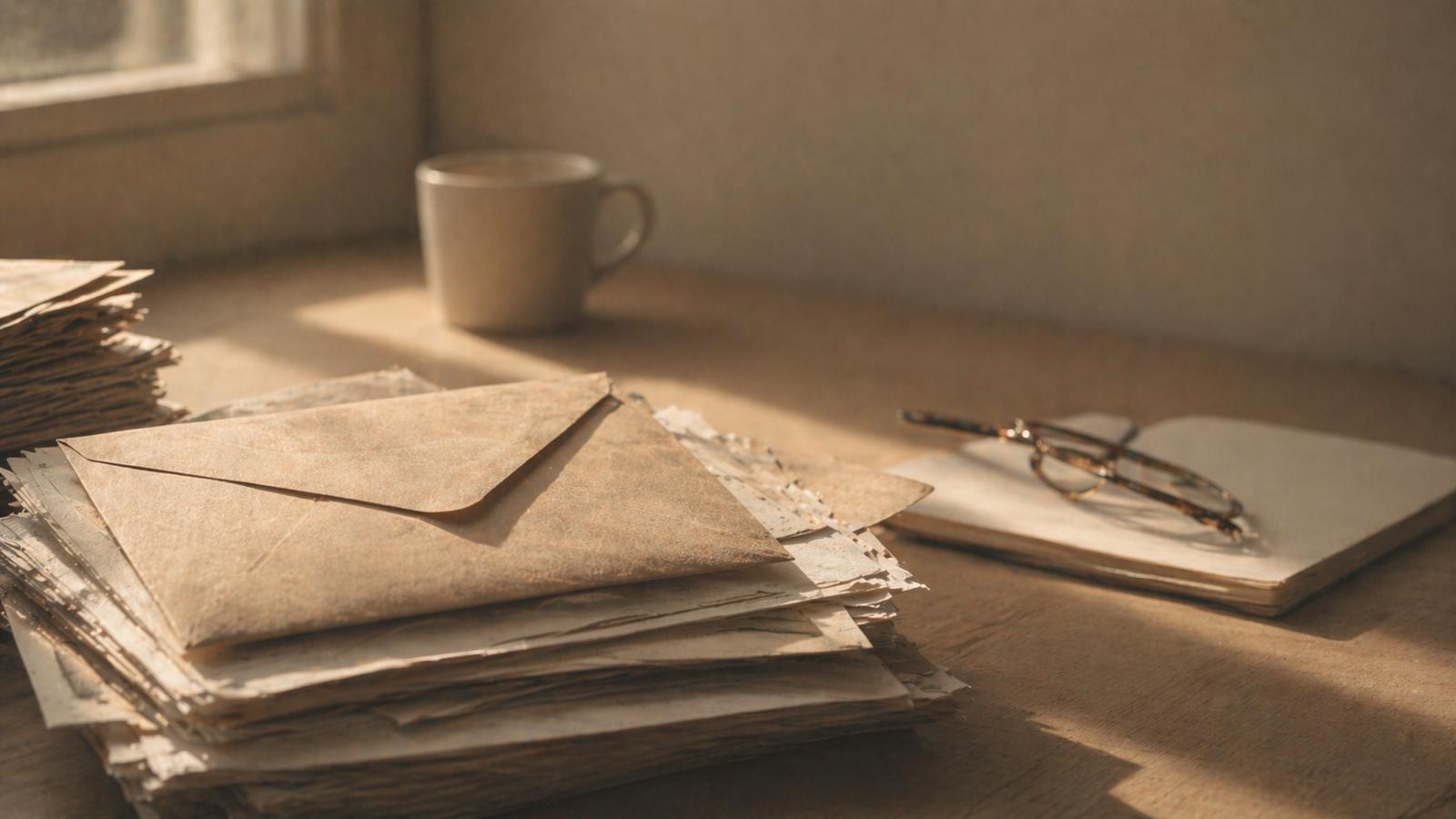 Une enveloppe administrative kraft fermée posée sur une pile de courriers, avec des lunettes de lecture repliées et une tasse en arrière-plan, dans la lumière naturelle douce d'une fin d'après-midi